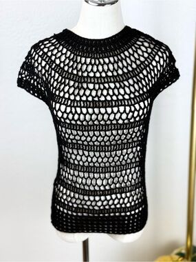 THEORY Black Crochet Knit Top M Luxe‎ Minimalist Coquette Boho Editorial